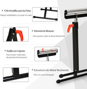 Cavalete Telescópico com Rolo Dobrável e Altura Ajustável entre 68-110cm com Manivela de Bloqueio Carga Máx. 60/90kg Preto e Prata