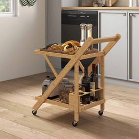 Carro de serviço de cozinha em bambu  66 x 40 x 70 cm, dobrável, com 2 tabuleiros, 4 rodas e 3 compartimentos para garrafas de vinho,, madeira natural