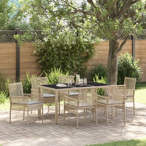 Conjunto de Jantar de Jardim de 7 Peças com Almofadas Bege em Rattan Sintético