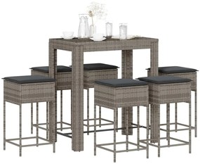 7 pcs conjunto de bar p/ jardim c/ almofadões vime PE cinzento