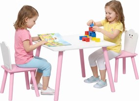 Conjunto Mesa e 2 Cadeiras para Crianças 3-6 Anos em Madeira com Cantos Arredondados, Tema Algodão Doce, Rosa