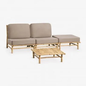 Conjunto De Jardim Com Sofá Modular De 2 Peças, Puff E Mesa De Centro Quadrada 75x75 Cm Em Bambu Isendra Tecido Castanho Moca - Sklum