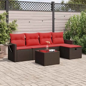 6 pcs conjunto de sofás jardim c/ almofadões vime PE castanho