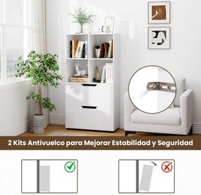 Estante de 4 cubos 70 x 33,5 x 130 cm com 2 gavetas de 5 níveis Design moderno em madeira para sala ou escritório Branco