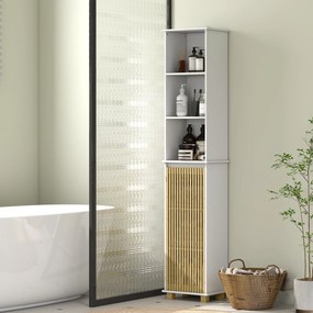 Armário de casa de banho, móvel de arrumação para casa de banho com porta de ripas de bambu e compartimentos abertos 35 x 26 x 173 cm branco