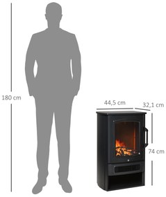 HOMCOM Lareira Elétrica Potência de 2 Níveis 1000W ou 2000W com Efeito de Chama Termostato e Proteção contra Superaquecimento até 25m² 44,5x32,1x74cm Preto