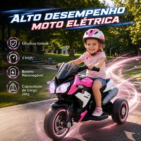 Mota Elétrica Infantil 6V de 3 Rodas com Pedal, Farol LED, Música e Buzina para Crianças de 3 a 5 Anos, Rosa