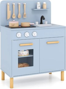 Cozinha de brincar infantil 55 x 31 x 75 cm com luzes, sons, fogão, forno e acessórios de madeira. Presente para crianças com mais de 3 anos. Azul