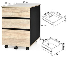 Armário Escritório de arquivo móvel com 3 gavetas Porta-documentos de gaveta vertical Sob a secretária para escritório 39 x 53 x 58 cm