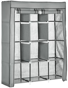 HOMCOM Roupeiro de Tecido Dobrável Armário Portátil com 8 Prateleiras de Armazenamento e 2 Barras de Pendurar Organizador de Roupa para Dormitório Vestidor 125x43x162,5cm Cinza Claro