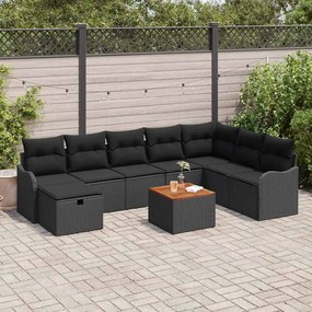 vidaXL Conjunto de Sofá de Jardim com almofada 9 pcs Preto vime PE