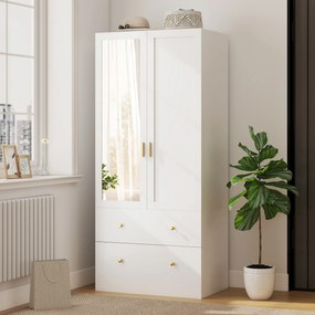 Guarda Roupa com 80x50x180 cm 2 Portas e 2 Gavetas Armário Roupeiro com Espelho Barra para Pendurar Estilo Moderno Branco