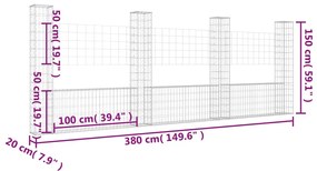 Cesto gabião em forma de U c/ 4 postes 380x20x150 cm ferro