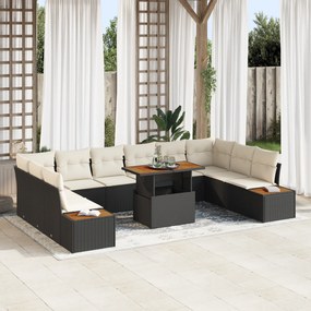 Conjunto de Sofá de Jardim de 11 Peças com Almofadas Preto Rattan Poly