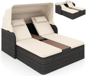 Cama de rattan jardim dupla com toldo retrátil 203 x 159 x 141 cm, encostos ajustáveis e mesa central com porta-copos para jardim, piscina e terraço c