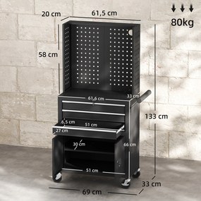 Carrinho de Ferramentas com 3 Gavetas e Painel de Perfurado Fechadura com Chave Prateleira Ajustável 2 Rodas com Travão de Bloqueio 69x33x133 cm Preto