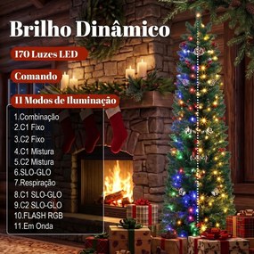 Árvore de Natal Estreita com 170 Luzes LED Bicolor, 180 cm, 351 Ramos Ignífugos, 11 Modos, 25 Pinhas, 25 Bagas Vermelhas, Comando, Verde