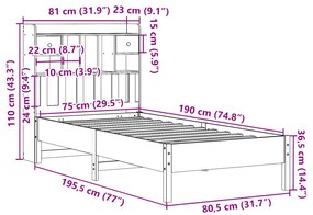 Cama com estante sem colchão 75x190cm pinho maciço castanho-mel