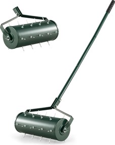Rolo para relva com arejador de relva com rodas de 44 cm Cabo amovível de 128 cm e dentes para jardim e pátio Fácil de montar Verde