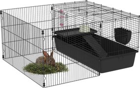 PawHut Gaiola para pequenos animais com cercadinho removível, parque com estábulo, incl. acessórios, preto | Aosom Portugal