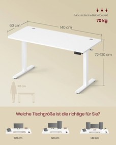 Secretária elétrica 140 x 60 x (72-120) cm com função de memória e 4 alturas, branca