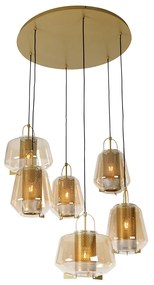 Candeeiro suspenso art déco ouro com vidro âmbar 6 luzes - Kevin Art Deco