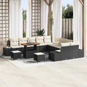 Conjunto de Sofás de Jardim de 13 Peças com Almofadas Preto Polirattan Acácia