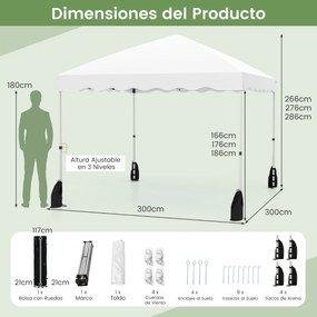 Tenda 300 x 300 x 266-286 cm Portátil com 8 Estacas, 4 Âncoras, 4 Cordas de Vento e 4 Sacos de Areia, eventos, festas Branca