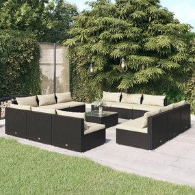vidaXL 13 pcs conjunto lounge de jardim c/ almofadões vime PE preto