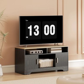 Móvel de televisão 105 x 40 x 52 cm com 2 compartimentos abertos, 2 armários com portas e um armário aberto, com efeito de madeira preta