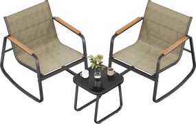 Conjunto de jardim: 2 cadeiras de baloiço com mesa, castanho-amarelado