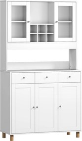 HOMCOM Armário de cozinha 180 cm, 2 portas de vidro, 3 gavetas, 4 prateleiras ajustáveis, armário de sala de jantar, placa de aglomerado, Branco | Aosom Portugal