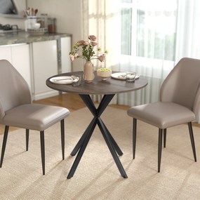 Mesa de jantar redonda para 2 pessoas (CADEIRAS NÃO INCLUIDAS) com tampo com aspeto de madeira e base cruzada em aço, castanha e preta