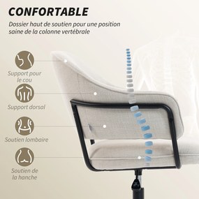 Cadeira de escritório ergonómica, cadeira de escritório com altura ajustável, giratória a 360°, 63 x 65 x 83-92 cm, creme