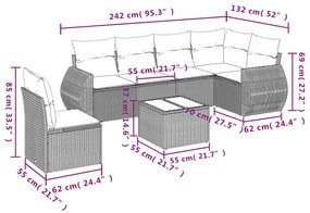 7 pcs conjunto sofás p/ jardim c/ almofadões vime PE cinzento