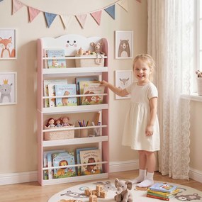 Estante de parede para crianças 60 x 12 x 108 cm, organizador de livros infantil de 4 níveis com tema de algodão doce, rosa