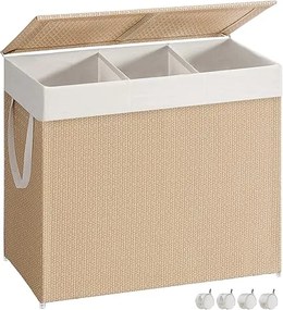Cesto da roupa 140 L com 3 compartimentos e rodas bege natural-branco