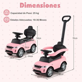 Carro de empurrar 3 em 1 para crianças de 18 a 36 meses com alça removível com buzina e som Rosa