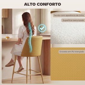 Conjunto de Bancos Altos de Cozinha com Encosto e Descanso para os Pés Revestidos em Linho e PU Estrutura de Aço Castanho