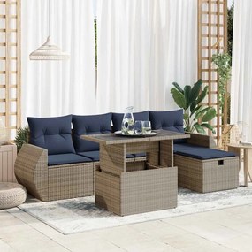 6 pcs conj. sofás jardim c/ almofadões vime PE/acácia castanho