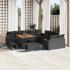 Conjunto de Sofá de Jardim com Almofadas de 13 Peças Preto Poly Rattan Aço