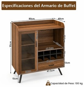 Garrafeira para vinhos Armário para licores com porta e gaveta Estante para vinhos e suporte para copos para cozinha Bar castanho 80 x 40 x 95 cm cast
