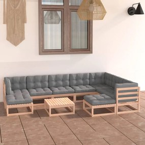 10 pcs conjunto lounge de jardim com almofadões pinho maciço