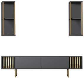 Móvel de TV "Gold" com 2 Prateleiras de Parede – Antracite e Dourado -
