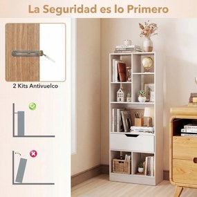 Estante Livreira com Gaveta, 50 x 24 x 130 cm, 7 Compartimentos, Branco