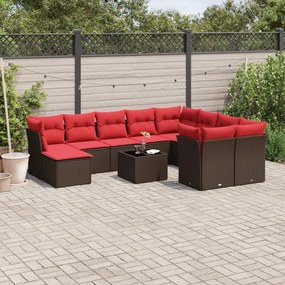 vidaXL 11 pcs conjunto sofás de jardim c/ almofadões vime PE castanho