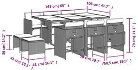 11 pcs conjunto de jantar p/ jardim com almofadões vime PE bege