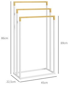 Toalheiro de Pé de 3 Níveis em Forma de Escada com 3 Barras de Bambu e Estrutura de Aço 45x22,5x86 cm Branco e Madeira