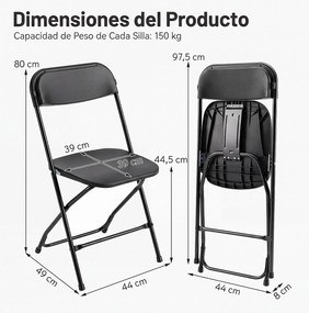Conjunto de 4 Cadeiras de Jantar Dobráveis (MESA NÃO INCLUIDA), 44 x 49 x 80 cm, Encosto Inclinado, Preto