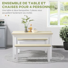 Conjunto de mesa de jantar de 3 peças com 2 bancos encaixáveis para 4-6 pessoas, estilo contemporâneo, em aglomerado cor carvalho e branco